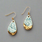 teardrop shaped, aqua color porcelain earrings with lace texture and gold ear wires