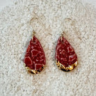 teardrop shaped, red color porcelain earrings with lace texture and gold ear wires