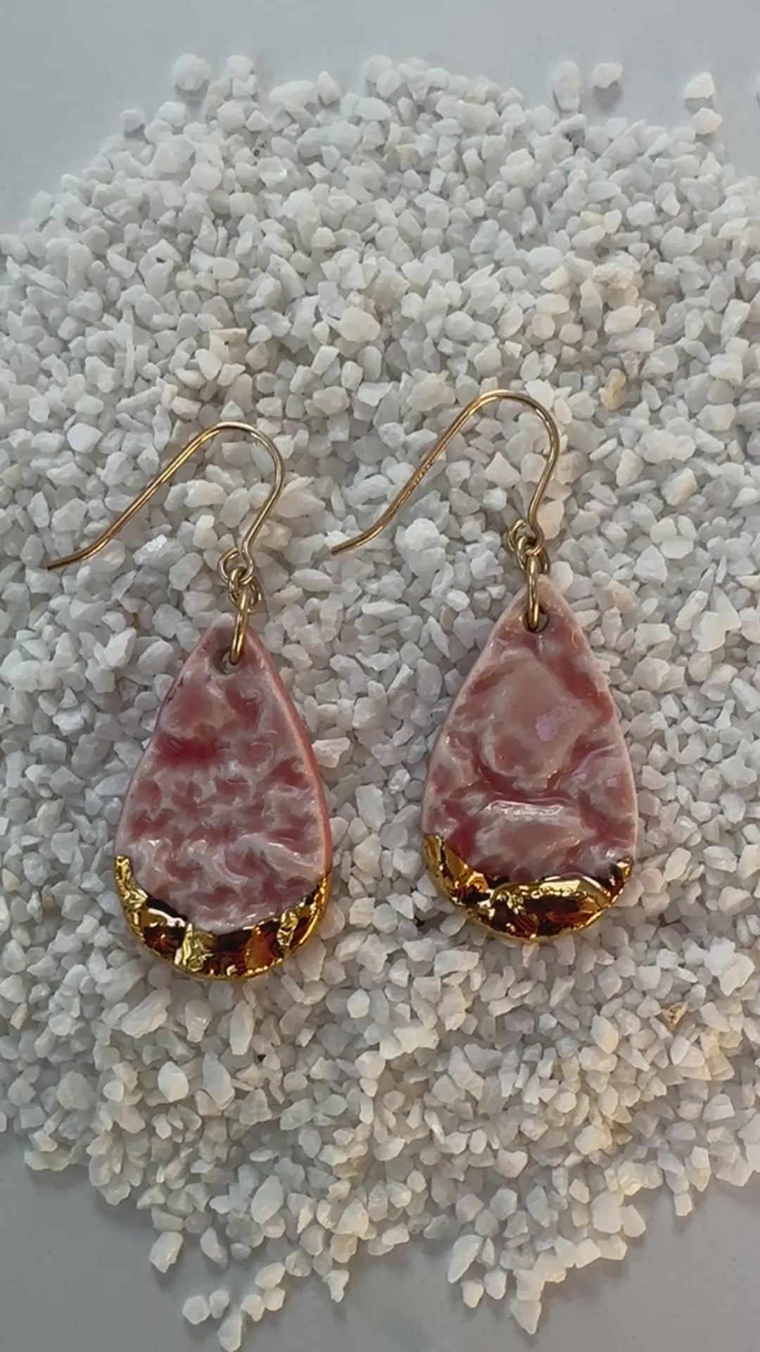 teardrop shaped, light pink color porcelain earrings with lace texture and gold ear wires