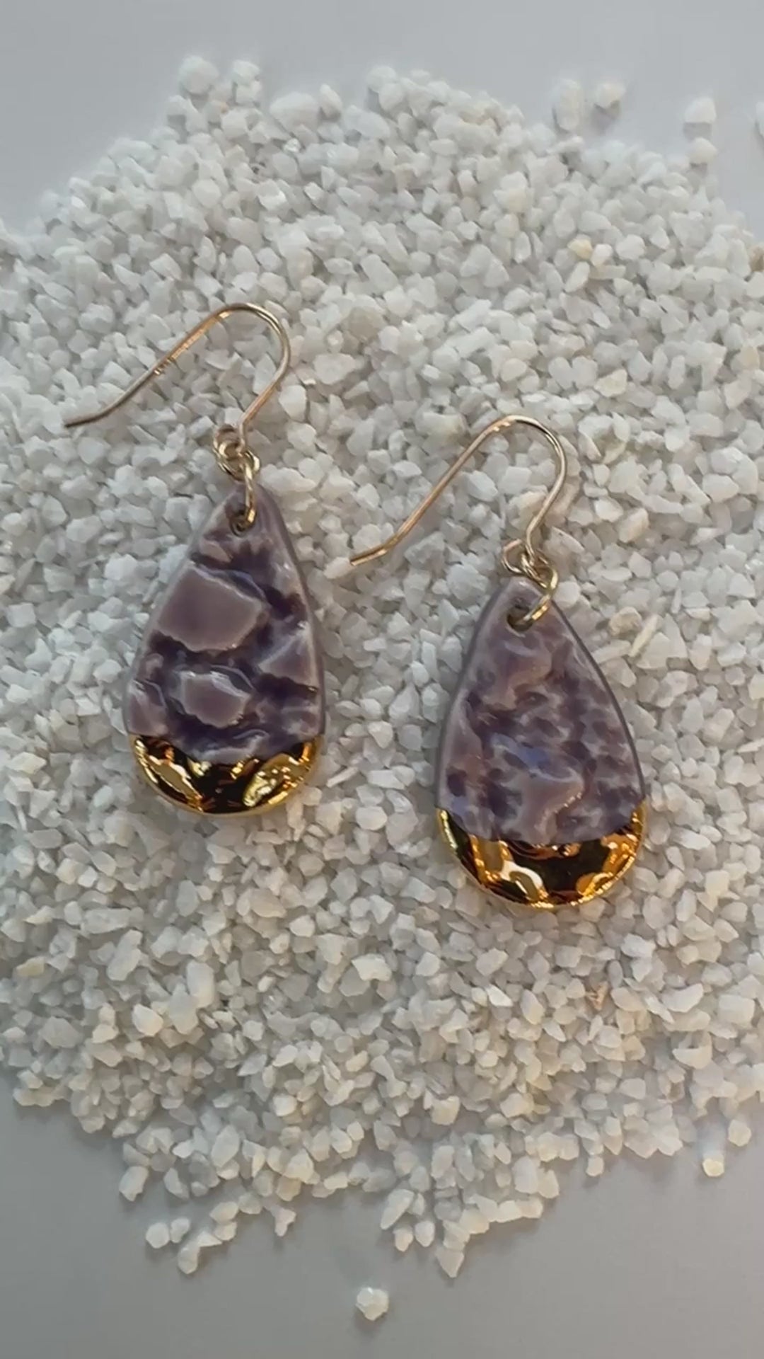 teardrop shaped, lavender color porcelain earrings with lace texture and gold ear wires