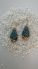 teardrop shaped, teal color porcelain earrings with lace texture and gold ear wires